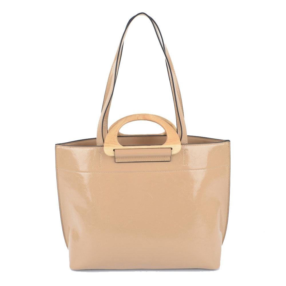 BEIGE COLOR CLASSY HAND BAG WITH WOOD HANDLE