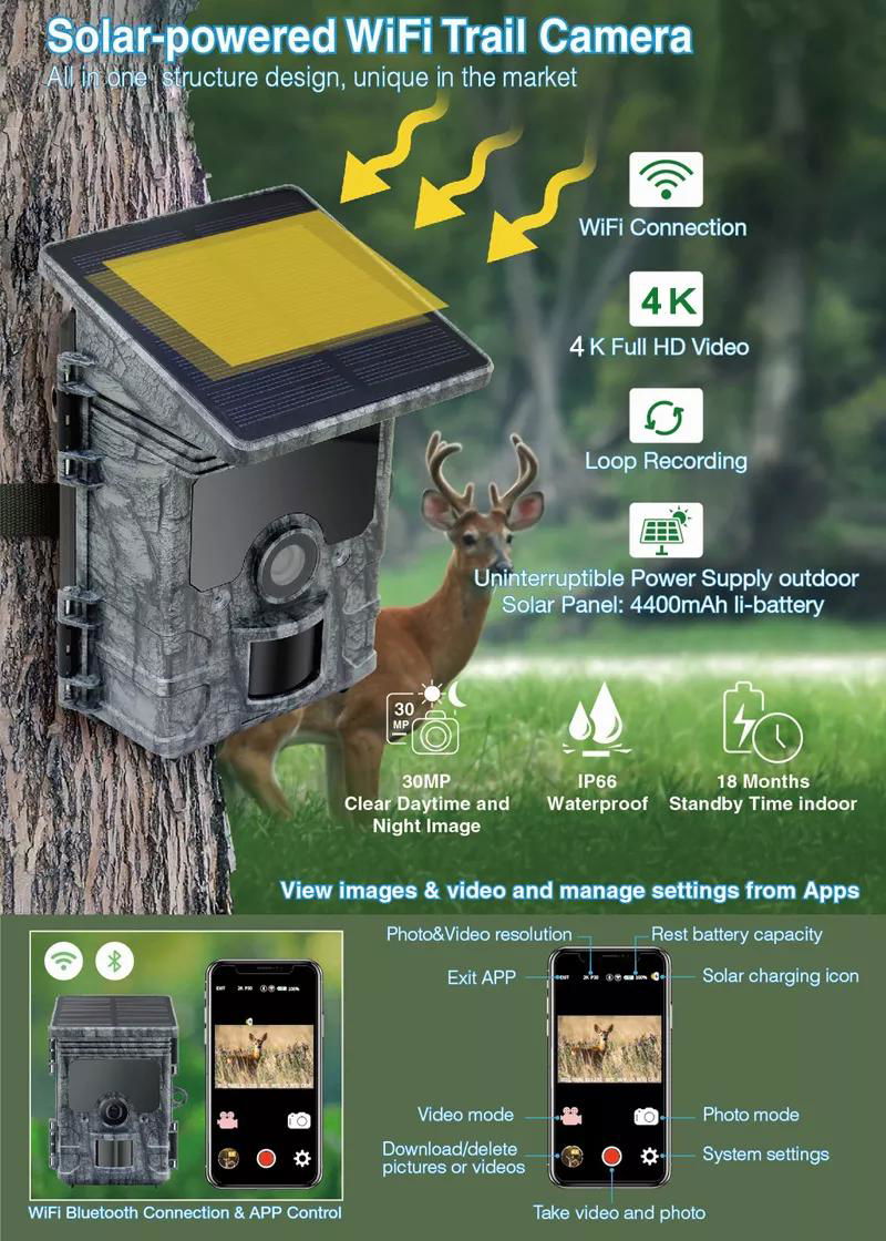 WiFi APP 30MP Solar Panel Powered Waterproof IP66 Outdoor Wildlife Trail Camera 3