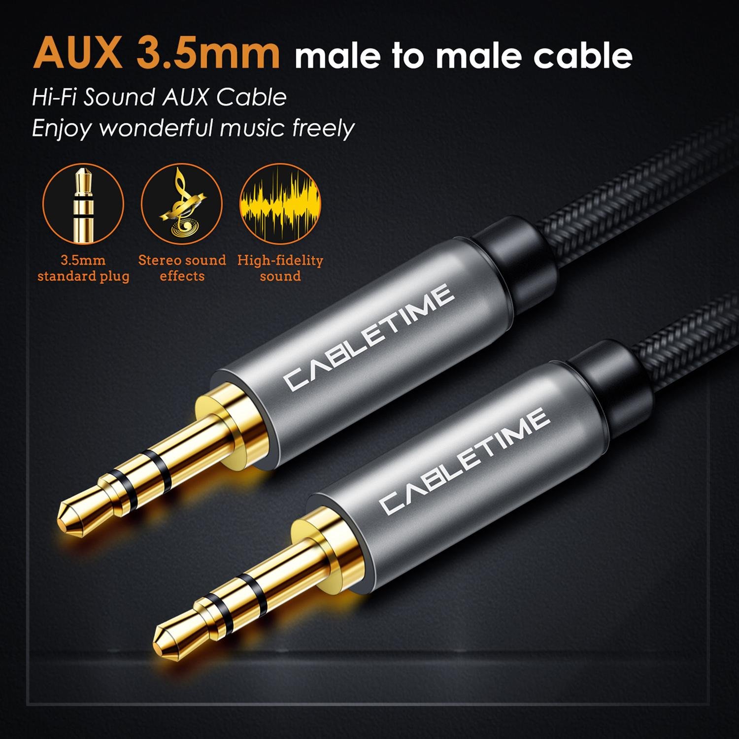 CABLETIME Premium AUX Audio Cable Stereo 3.5mm Male to Male, Full Copper 1