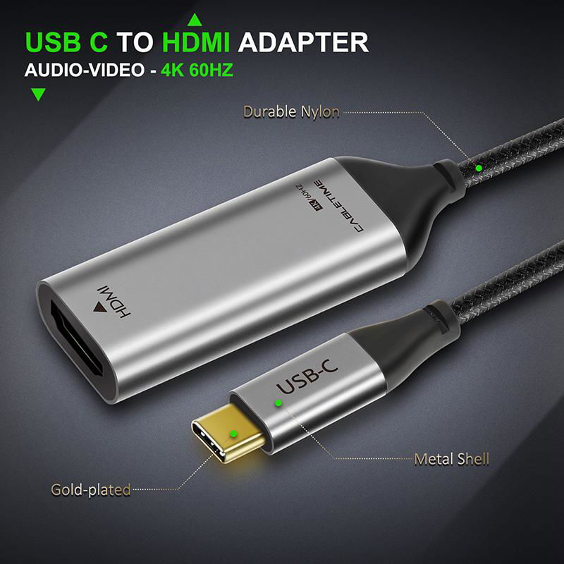 CABLETIME USB Type C to HDMI Adapter, Coaxial type with Nylon Jacket, 4K/60HZ 4