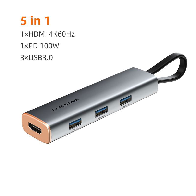Portability 5-IN-1 USB-C to USB3.0×3+HDMI 4K60Hz +PD 100W Adapter