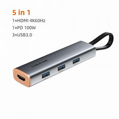 Portability 5-IN-1 USB-C to USB3.0×3+HDMI 4K60Hz +PD 100W Adapter