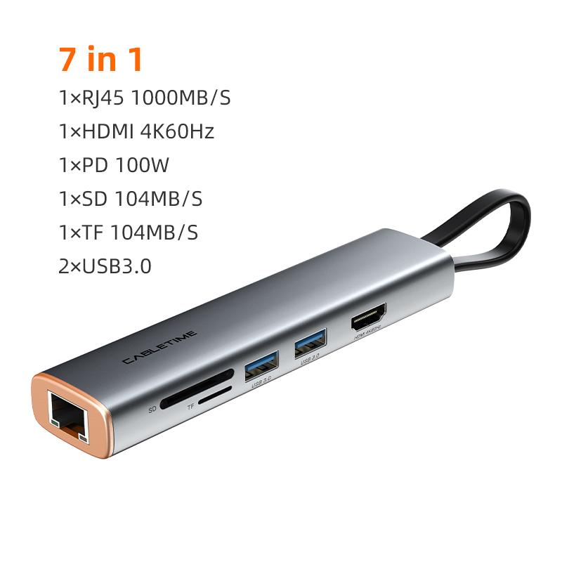 Portability 7-IN-1 USB-C to USB3.0×2+HDMI 4K60Hz +PD 100W +SD/TF 3.0 Adapter