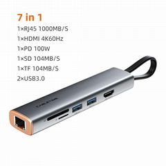 Portability 7-IN-1 USB-C to USB3.0×2+HDMI 4K60Hz +PD 100W +SD/TF 3.0 Adapter