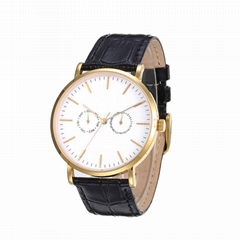 DATE/DAY STAINLESS STEEL WATCH WITH LEATHER BAND