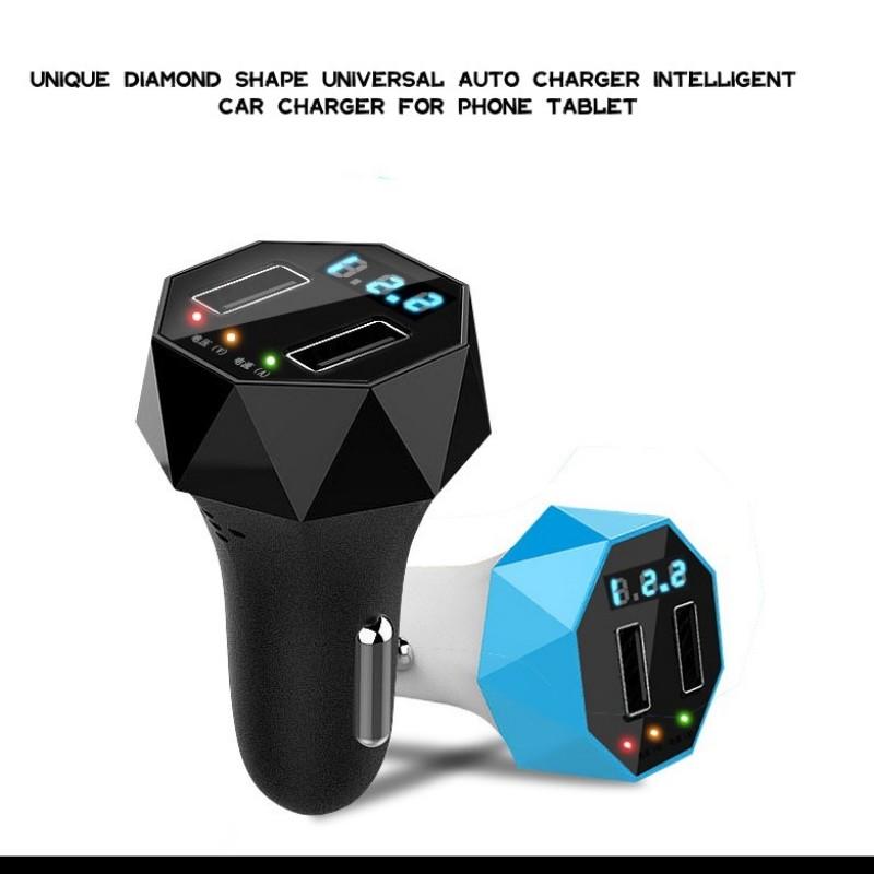 LED Display Unique Diamond Shape QC3.0 Car Quick Dual USB Car Charger Adapter 4