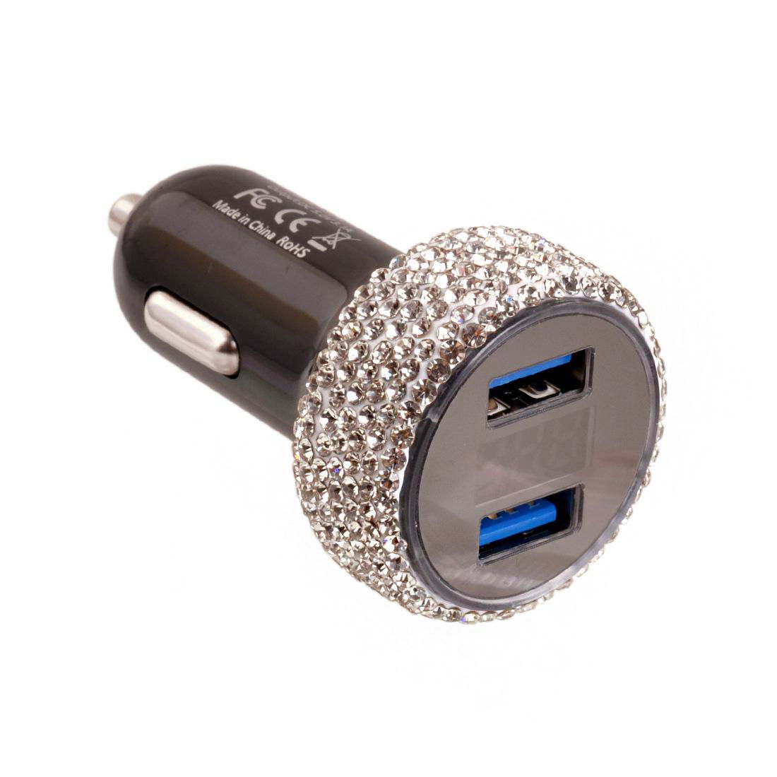 Voltage Display Bling Dual USB Car Quick Charge 3.0 Crystal Cigarette Adapter