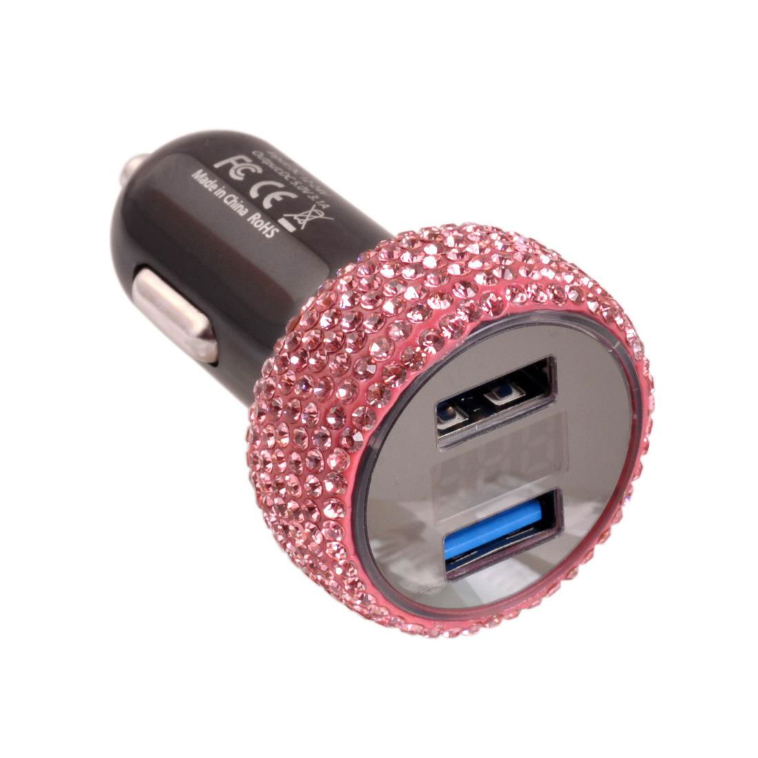 Voltage Display Bling Dual USB Car Quick Charge 3.0 Crystal Cigarette Adapter 5