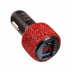 LED Display Bling Rhinestone Crystal Dual USB Car Charger for Girl and Women
