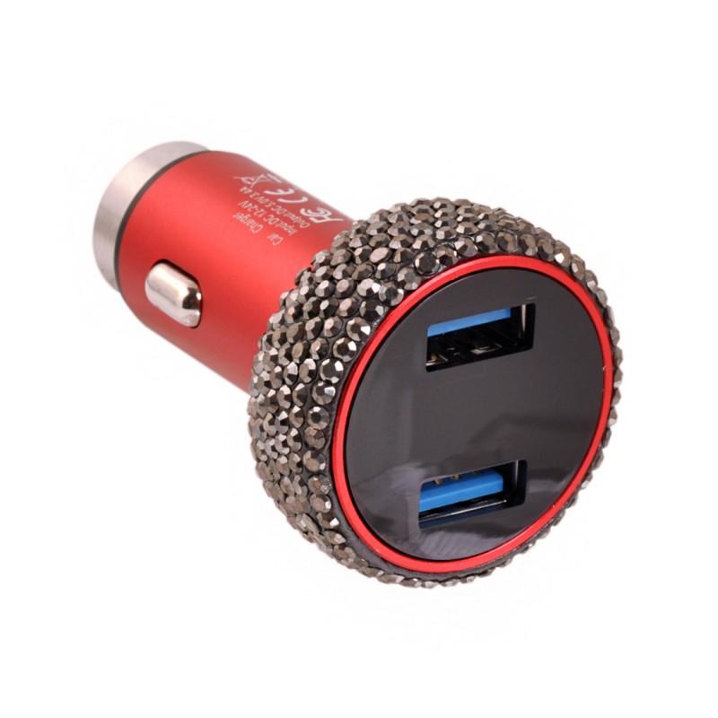 Girly LED Display Bling Rhinestone Crystal Dual USB Car Charger Safety Hammer