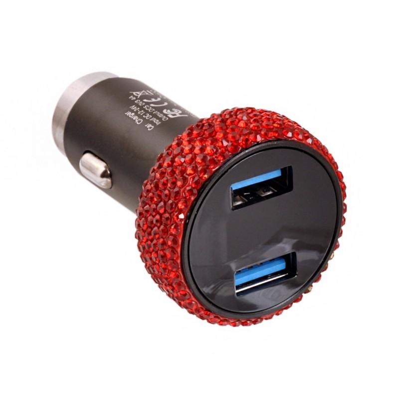 Girly LED Display Bling Rhinestone Crystal Dual USB Car Charger Safety Hammer 2