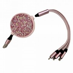  Retractable 3 in 1 Cute Bling Fast Charge Multi ports USB Charger Cable