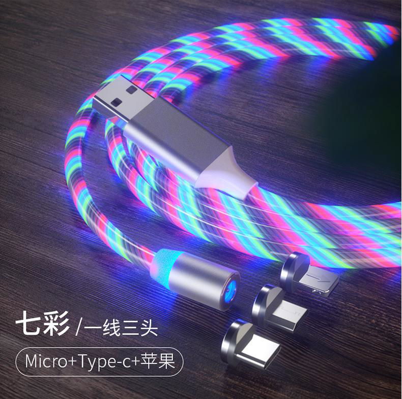 Streaming magnetic field Led Flowing Light Usb 3 in 1 Micro Type Charging Cable 5