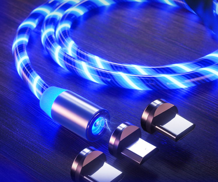 Streaming magnetic field Led Flowing Light Usb 3 in 1 Micro Type Charging Cable