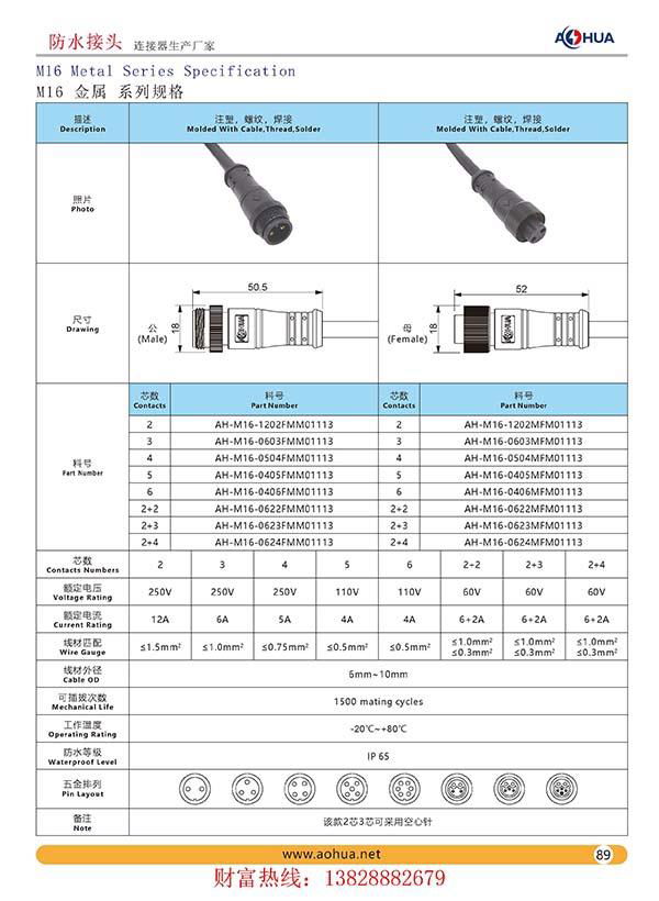 AHUA澳华点光源5芯公母M16防水接头紫外线杀菌灯连接器防水插头 5