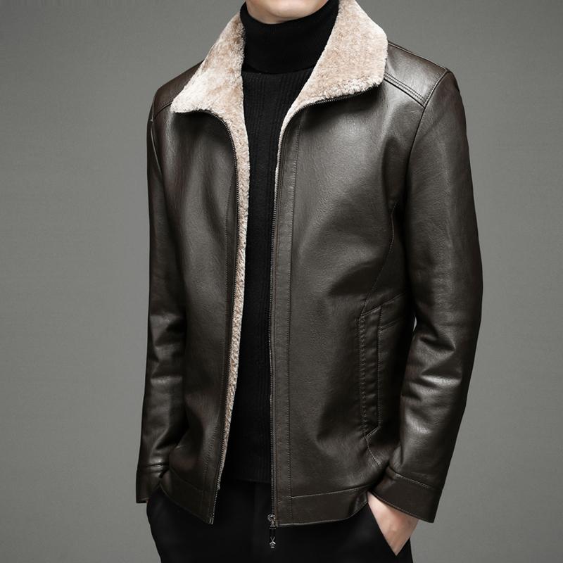 Autumn and winter fleece thickened leather jacket men's trendy handsome warm sol 2