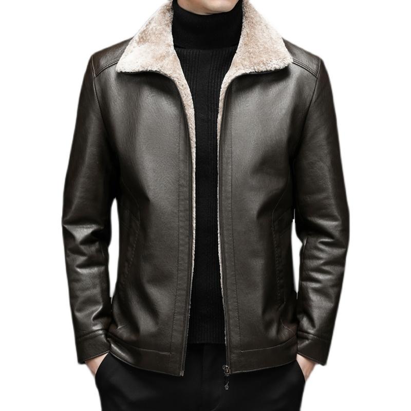 Autumn and winter fleece thickened leather jacket men's trendy handsome warm sol 3