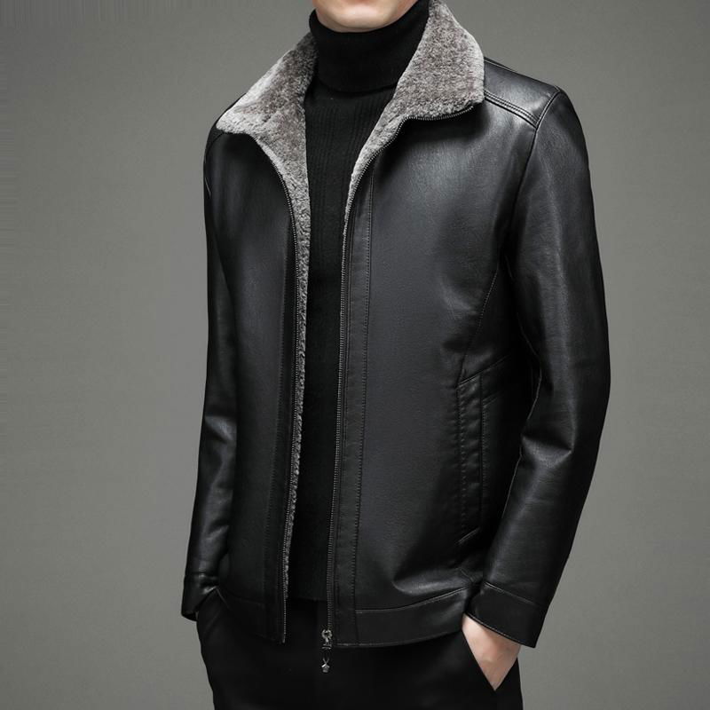 Autumn and winter fleece thickened leather jacket men's trendy handsome warm sol 4