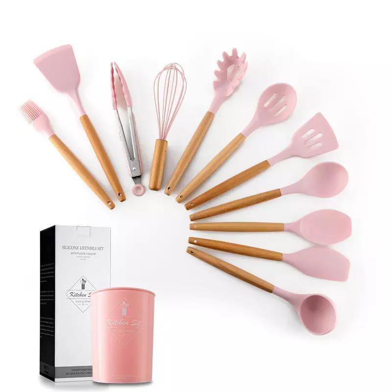 12 Piece Silicone Kitchenware Set with Wooden Handle and Storage Bucket