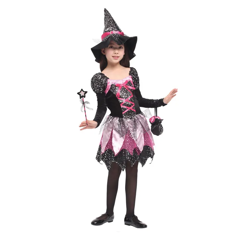 Kid Girls Halloween Witch Costume Printed Carnival Cosplay Dress with Pointed Ha
