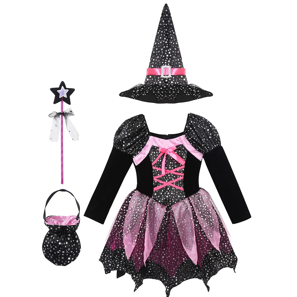 Kid Girls Halloween Witch Costume Printed Carnival Cosplay Dress with Pointed Ha 4
