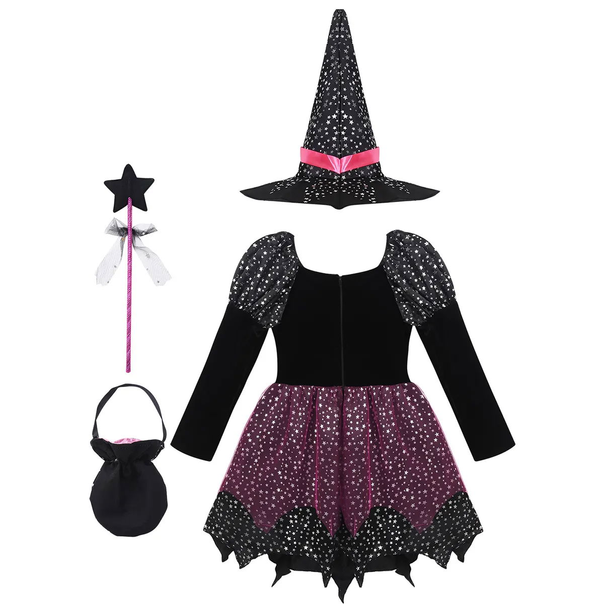 Kid Girls Halloween Witch Costume Printed Carnival Cosplay Dress with Pointed Ha 5