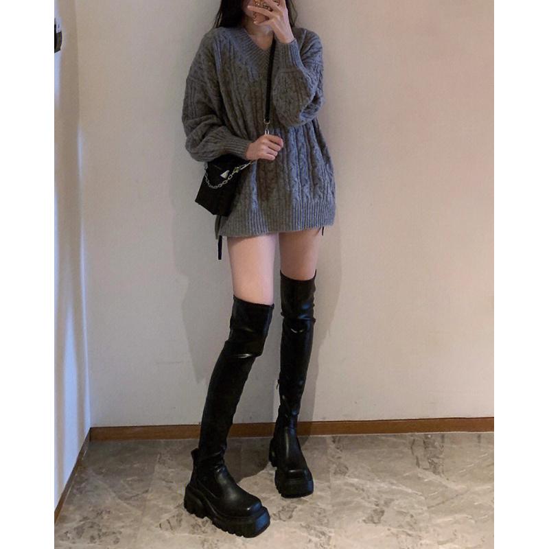 方糖過膝靴女秋冬新款方頭厚底增高個子加長超高長筒靴高跟騎士靴 3