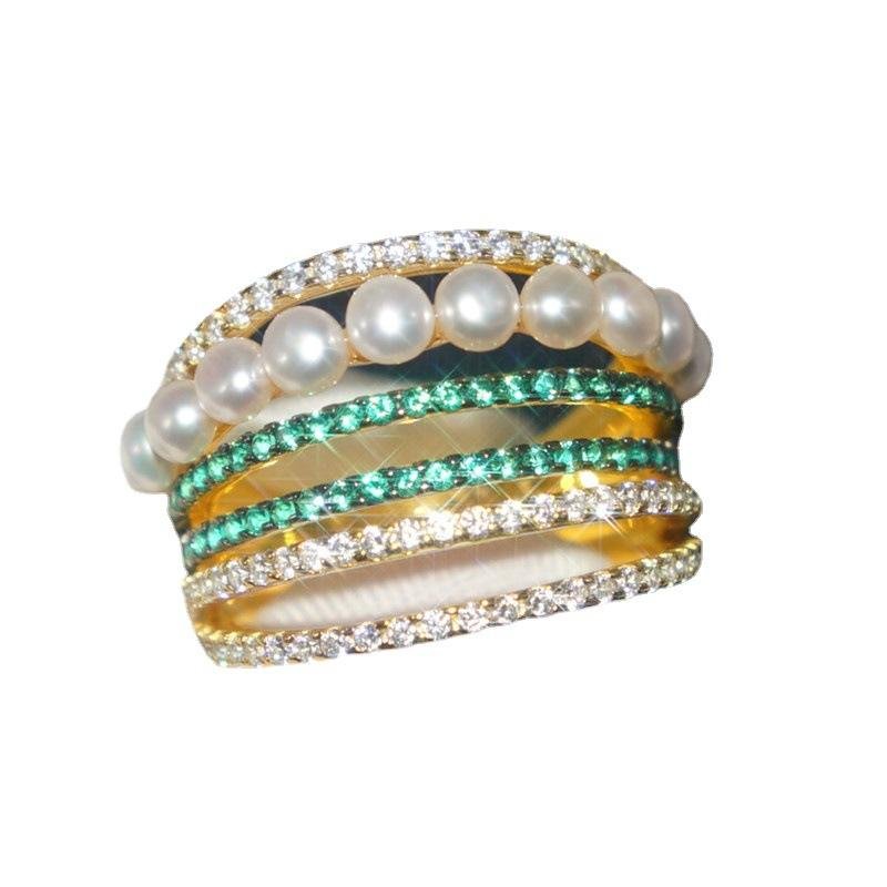 S925 Sterling Silver Ring Women's Diamond Line Pearl Ring 2
