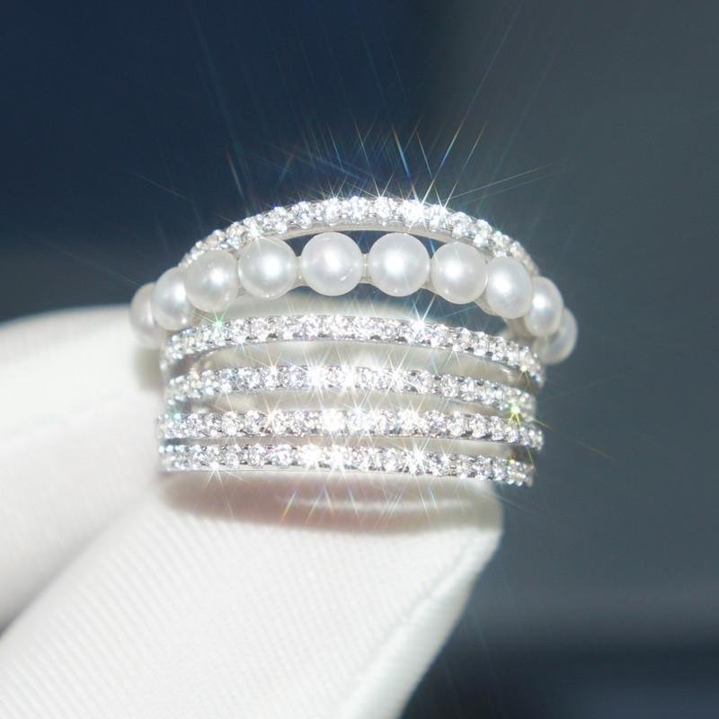S925 Sterling Silver Ring Women's Diamond Line Pearl Ring 3