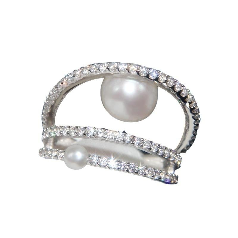 S925 Sterling Silver Ring Women's Multi-layer Crystal Diamond Pearl Ring