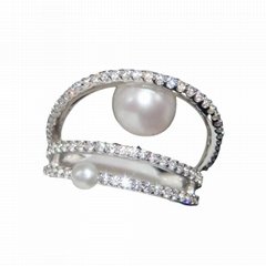S925 Sterling Silver Ring Women's Multi-layer Crystal Diamond Pearl Ring
