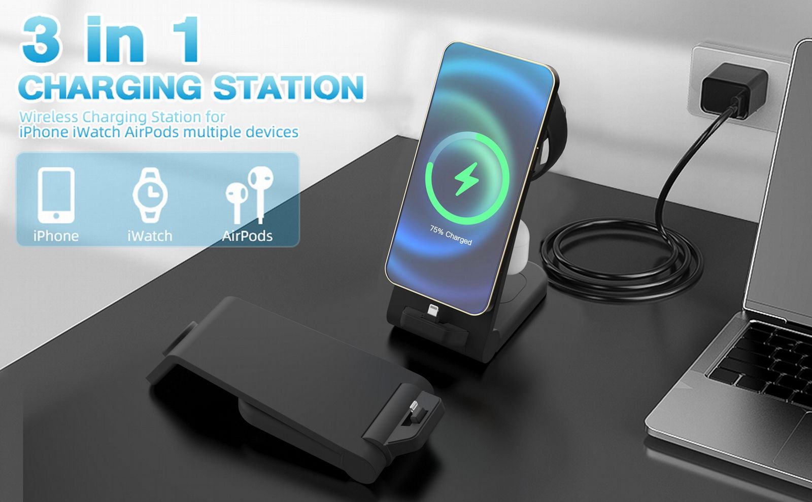 Mobile Phone Wireless Charger Station Desktop 3 in One Magnetic Quick 18W OEM Qi 4