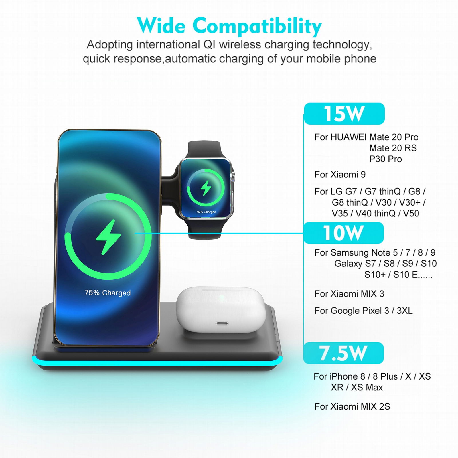 3 in 1 23w Fast Charge Wireless Charger Stand holder Qi Wireless Charging  3