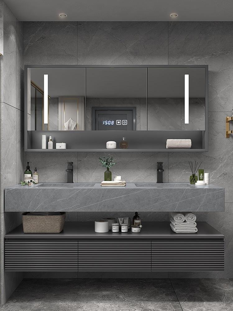 Rock slab integrated basin bathroom cabinet combination Oak smart Mirror cabinet