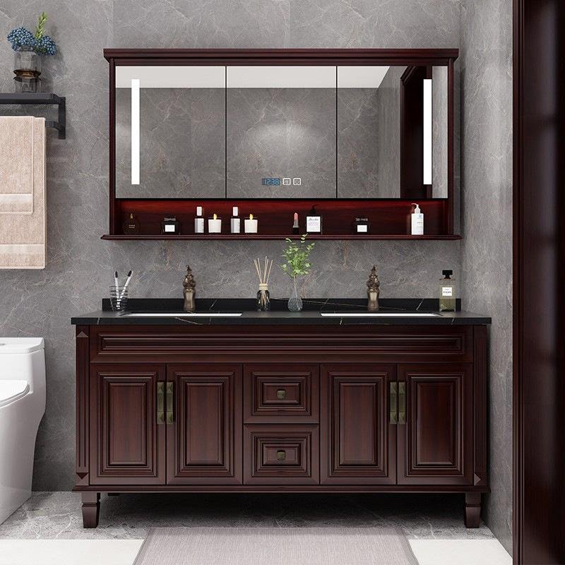 New Chinese style solid wood bathroom smart mirror cabinet integrated ceramic ba