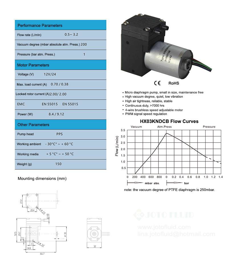 0.5-3.2L/m 200mbar 12V/24V Micro Vacuum Pump Brushless EPDM/PTFE Membranes 2