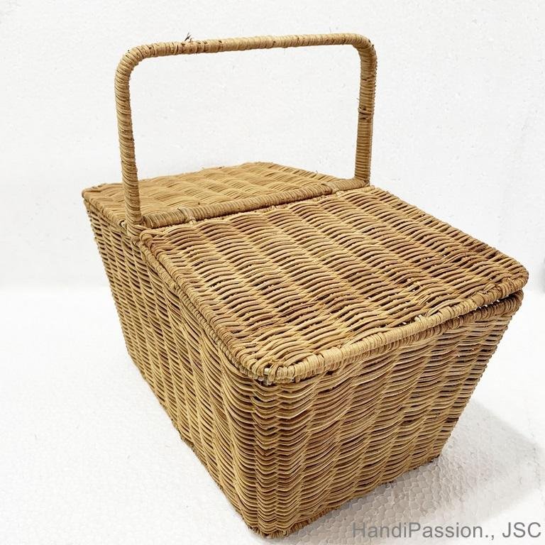Wicker Buff Rattan Woven Picnic Basket with Lids and Handles