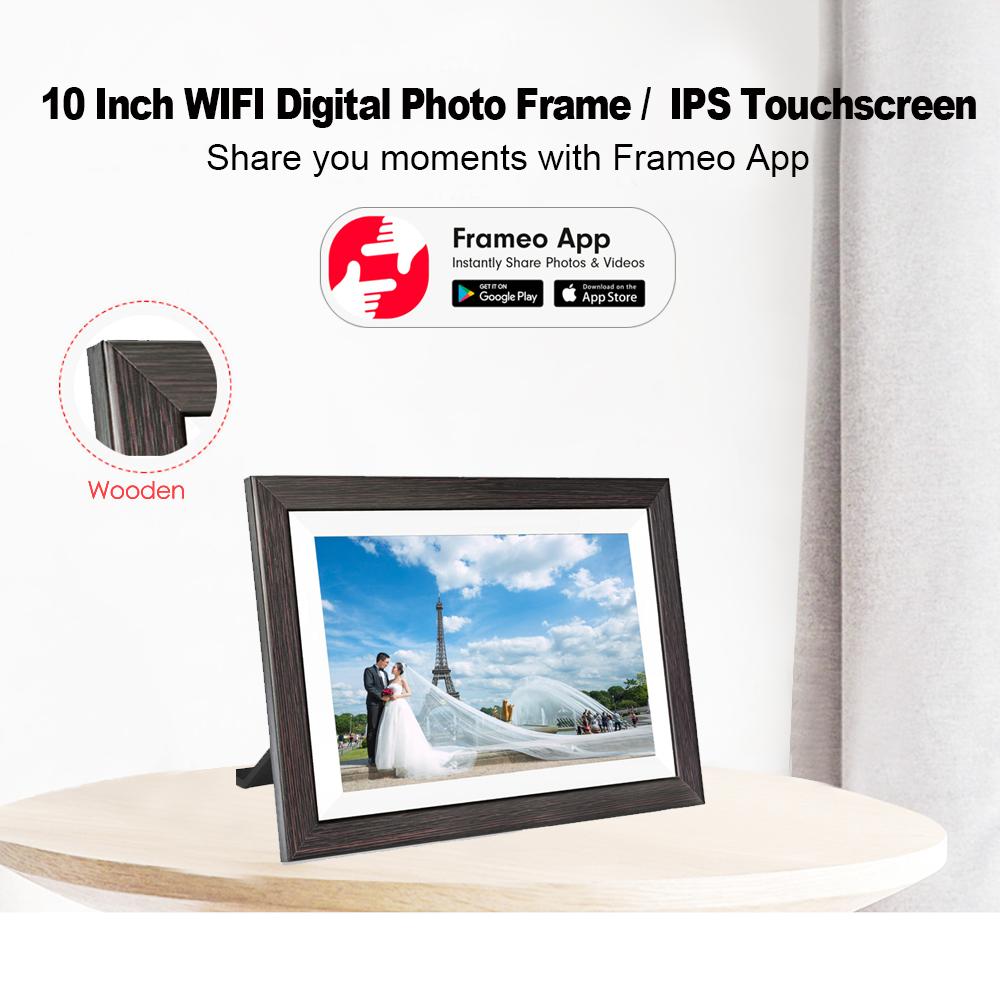 WiFi Digital Photo Frame 10 inch Touch Screen HD Display Wooden Picture Frame K101E