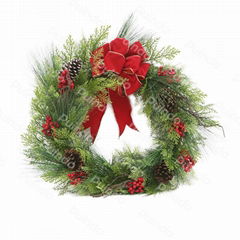 Puindo Artificial Christmas Decor Wreath with Pine Cone, Bow and Berries