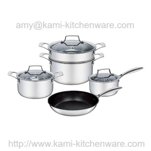 8PCS  3 tri-ply stainless steel pot cookware set