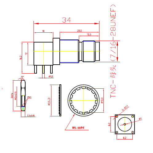 PCB安裝34mm長TNC母彎鍍鎳TNC母頭PCB焊接插頭TNC天線接頭 2