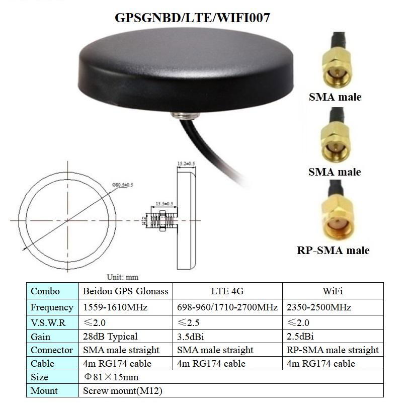 磁鐵或螺絲安裝防水beidou GPS glonass 4g lte wifi 車載組合天線 4