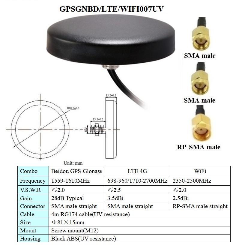 磁鐵或螺絲安裝防水beidou GPS glonass 4g lte wifi 車載組合天線 5