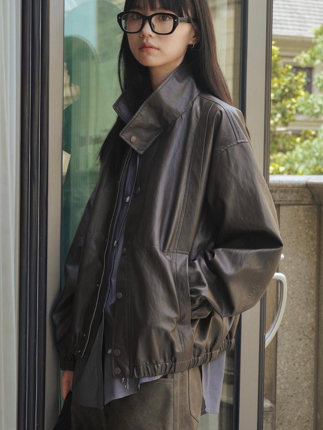 盧浮秋季新款韓版老錢風時髦PU皮夾克寬鬆廓形立領時髦皮衣外套女 3