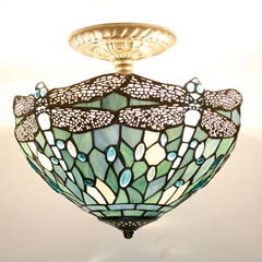 WERFACTORY Tiffany Ceiling Light Fixture Sea Blue Stained Glass Dragonfly lamp