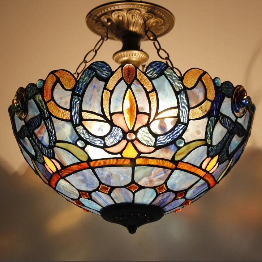WERFACTORY Tiffany Ceiling Light Fixture Blue Purple Cloudy Stained Glass  Lamp