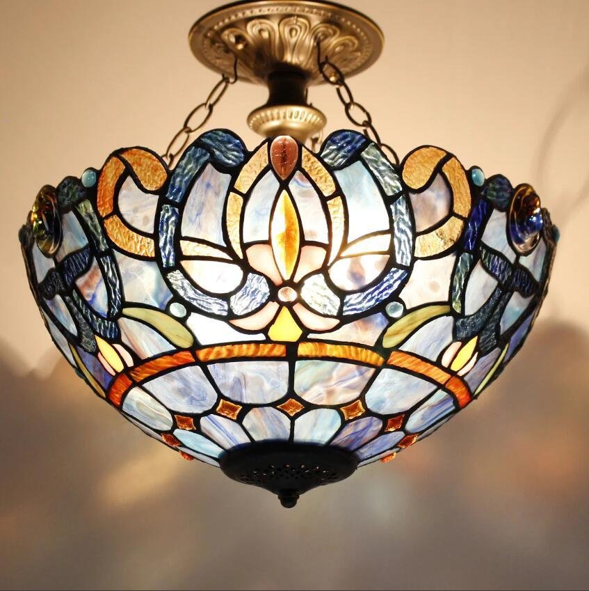 WERFACTORY Tiffany Ceiling Light Fixture Blue Purple Cloudy Stained Glass  Lamp 2