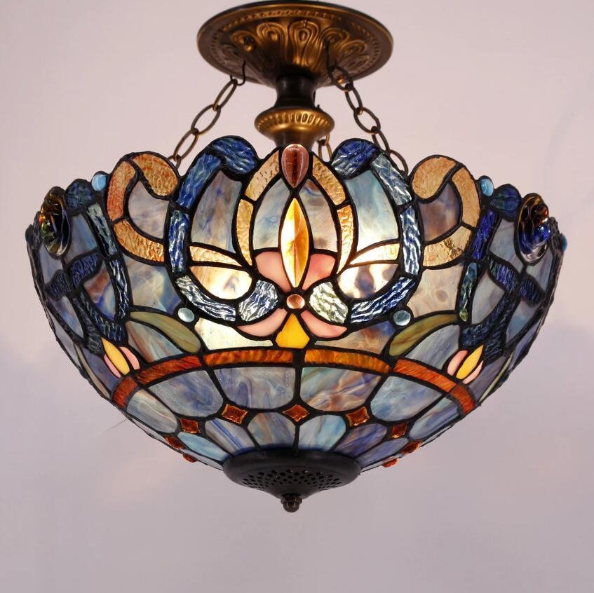 WERFACTORY Tiffany Ceiling Light Fixture Blue Purple Cloudy Stained Glass  Lamp 3