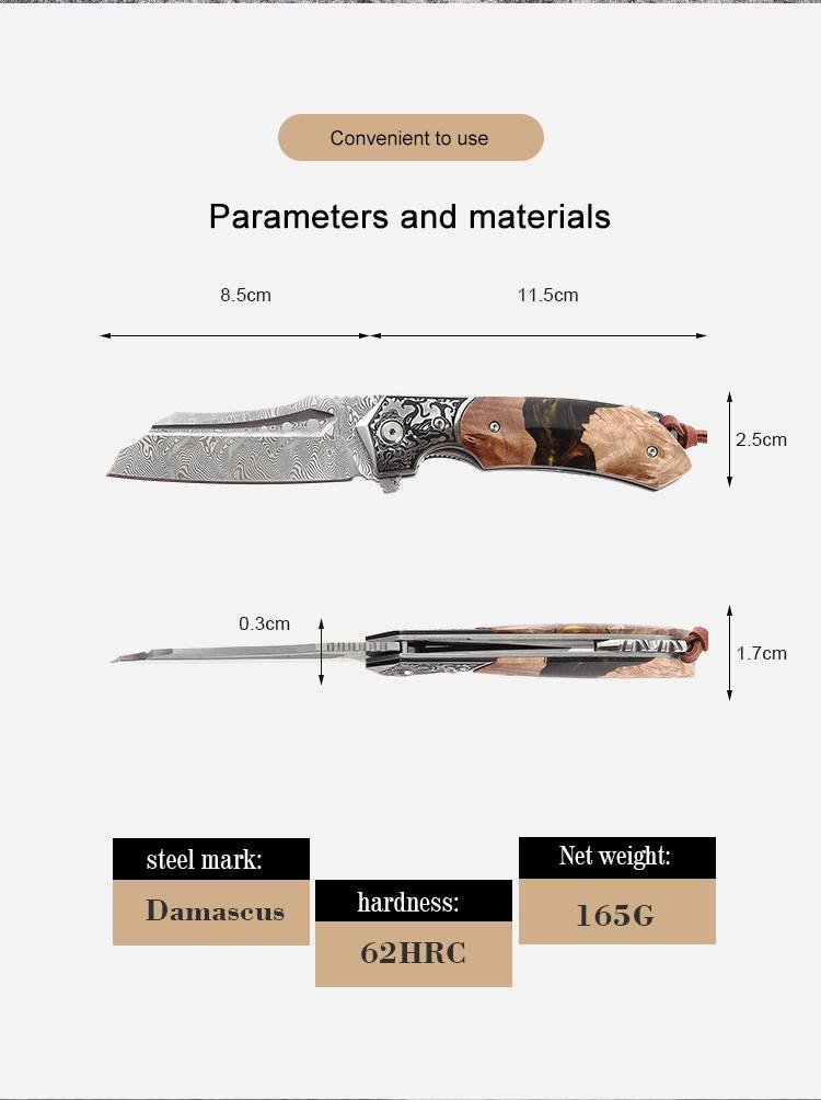 Gift Collection Custom flower wood handle Damascus folding knife Outdoor camping 2