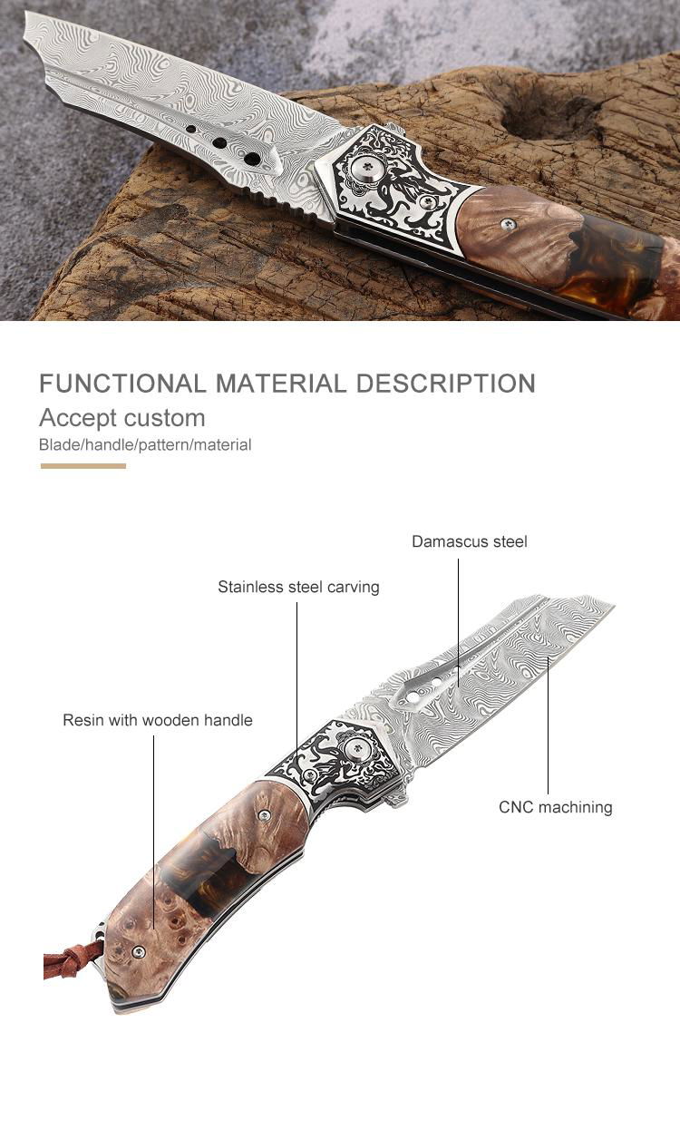 Gift Collection Custom flower wood handle Damascus folding knife Outdoor camping 3